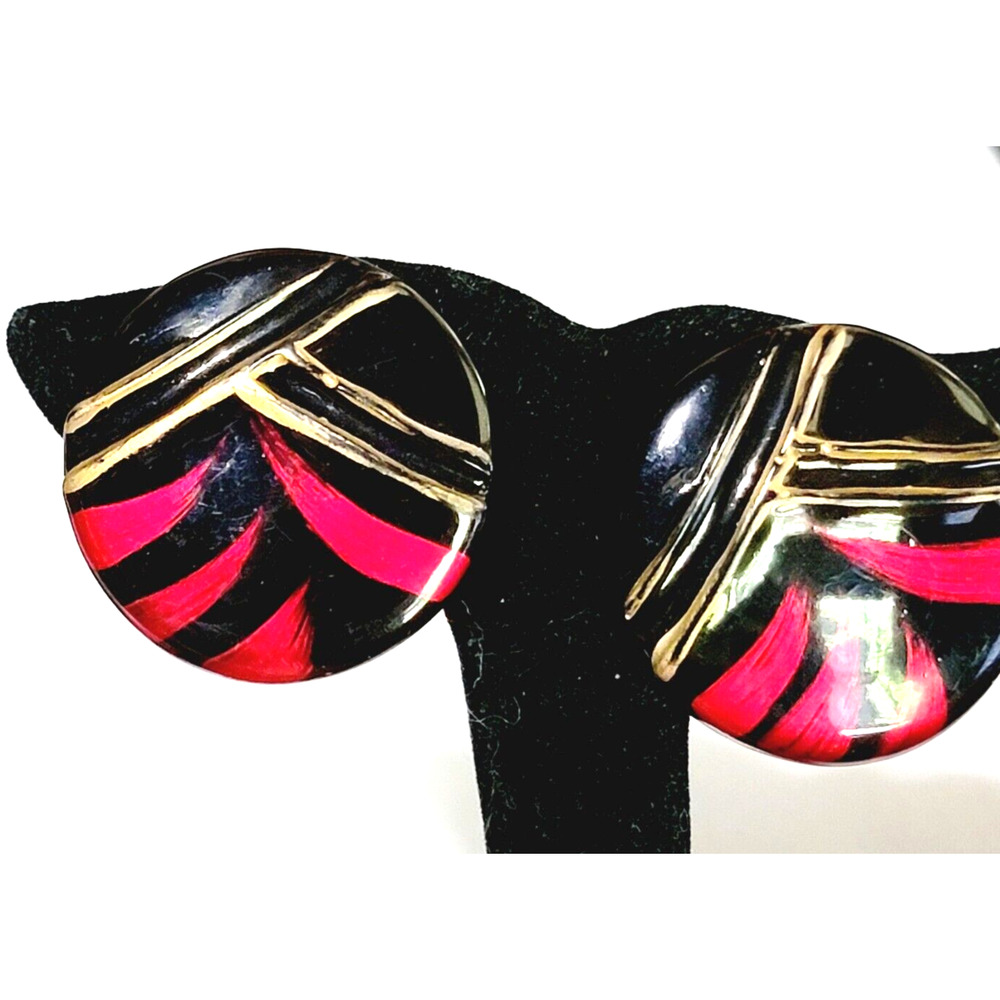 Vintage Round Pierced Earrings Enamel Abstract Black Magenta Pink Retro kp-28